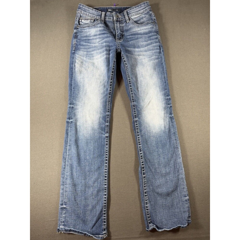 BKE Buckle Jeans Mens 29x34 Blue Jake Boot Leg Stretch Whiskering Mallcore Pant